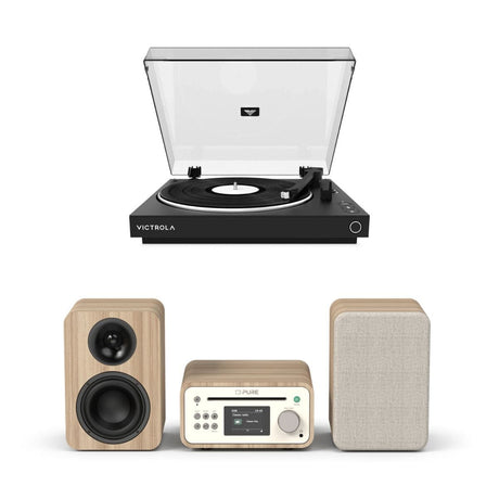 Pure Classic Stereo Mini DAB/FM Radio, CD, Bluetooth + Victrola Automatic Record Player Turntable Bundles Pure / Victrola Cotton White / Oak 