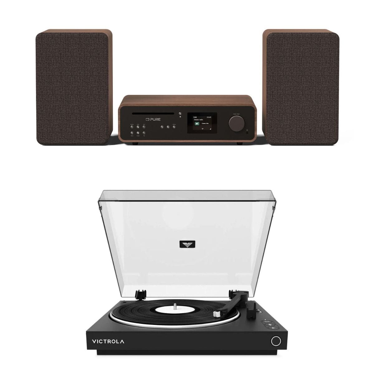 Pure Classic Stereo System with CD / Radio / Bluetooth + Victrola Automatic Bluetooth Turntable - K&B Audio