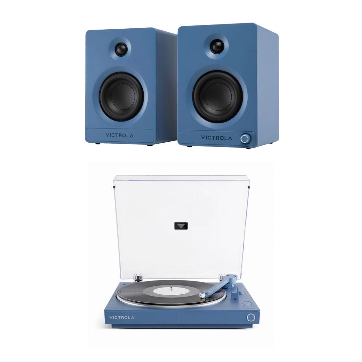 Victrola Tempo Active Bookshelf Speakers + Automatic Bluetooth Turntable Set Turntable Bundles Victrola Blue 