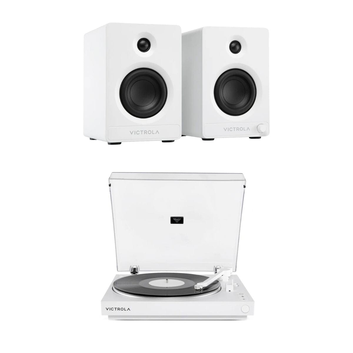 Victrola Tempo Active Bookshelf Speakers + Automatic Bluetooth Turntable Set Turntable Bundles Victrola White 