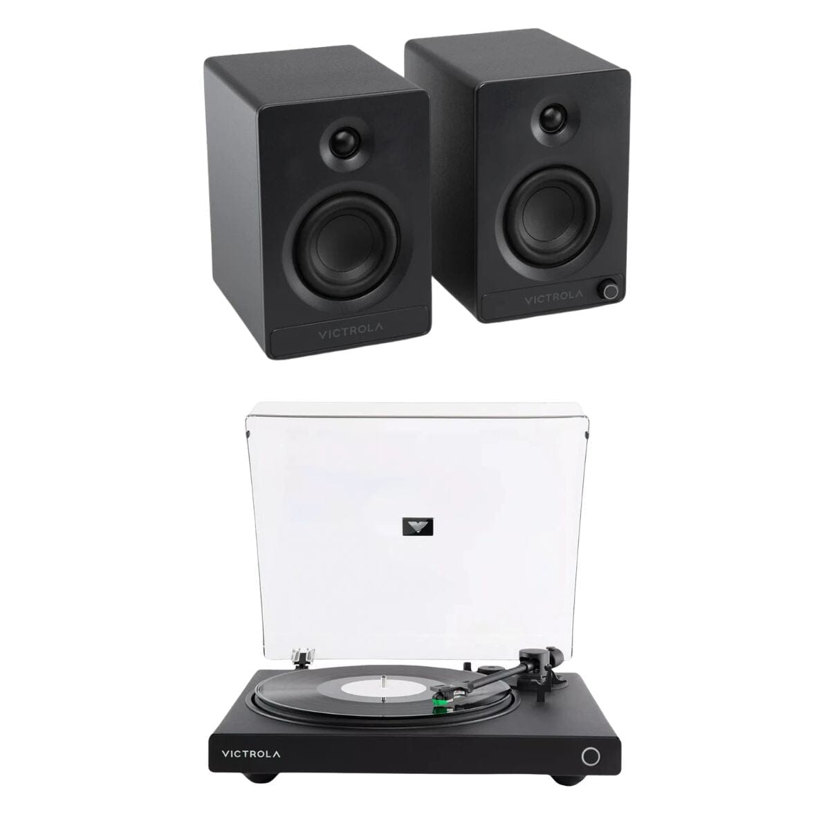 Victrola Tempo Active Bookshelf Speakers + Wave Bluetooth Turntable Set Turntable Bundles Victrola Black Black 