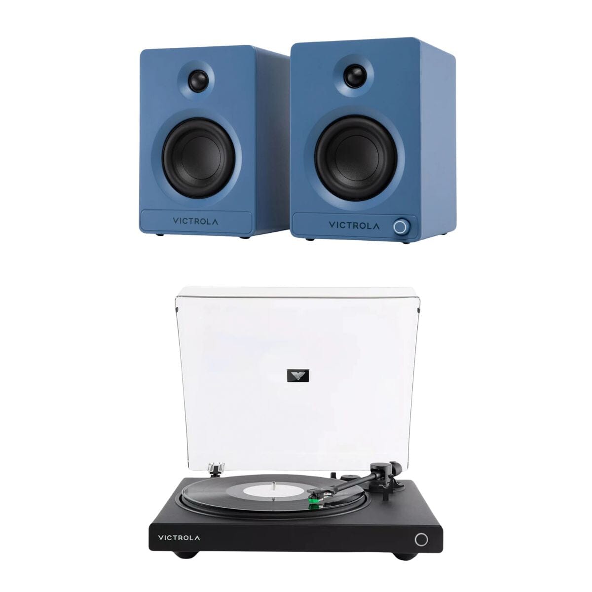 Victrola Tempo Active Bookshelf Speakers + Wave Bluetooth Turntable Set Turntable Bundles Victrola Black Blue 