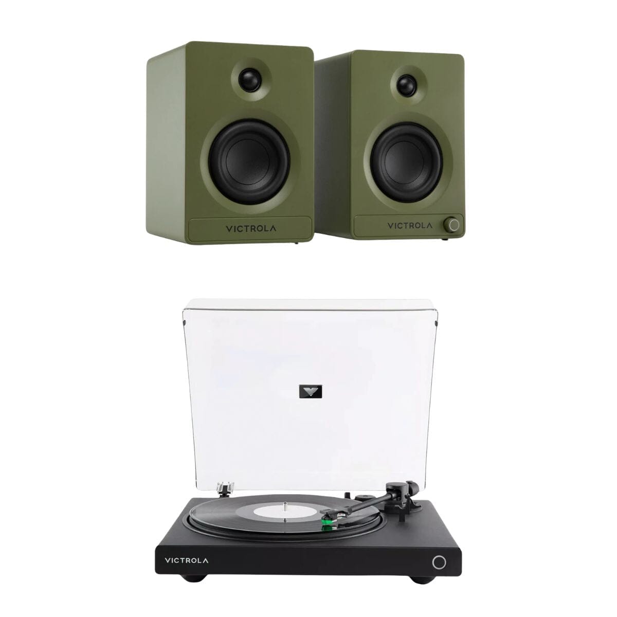 Victrola Tempo Active Bookshelf Speakers + Wave Bluetooth Turntable Set Turntable Bundles Victrola Black Green 