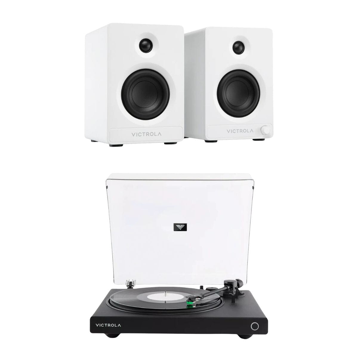 Victrola Tempo Active Bookshelf Speakers + Wave Bluetooth Turntable Set Turntable Bundles Victrola Black White 
