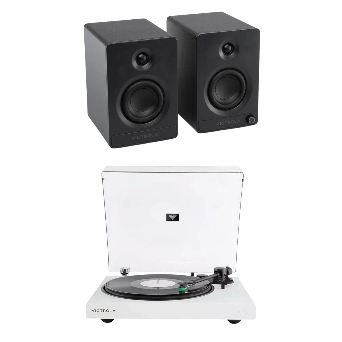 Victrola Tempo Active Bookshelf Speakers + Wave Bluetooth Turntable Set Turntable Bundles Victrola White Black 
