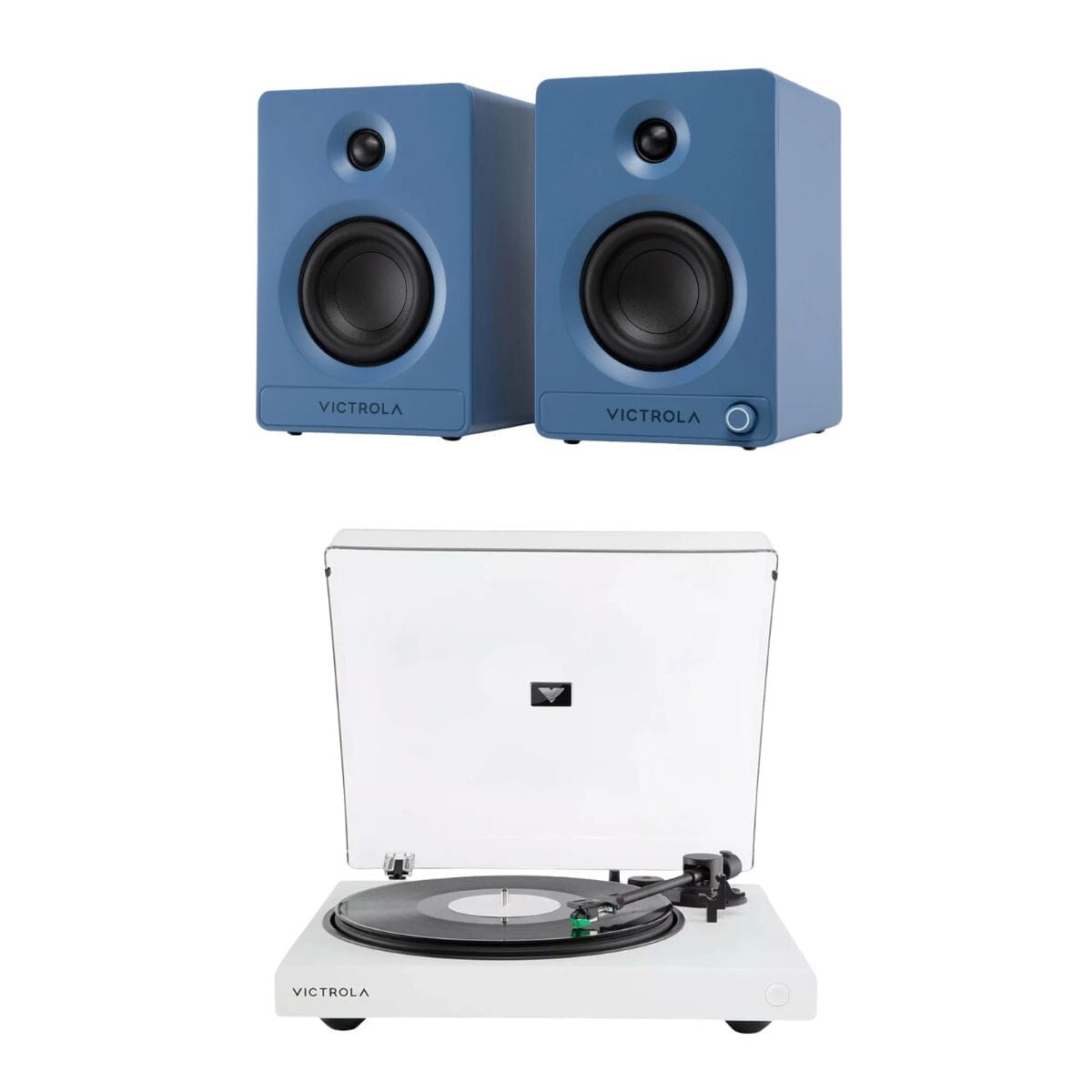 Victrola Tempo Active Bookshelf Speakers + Wave Bluetooth Turntable Set Turntable Bundles Victrola White Blue 