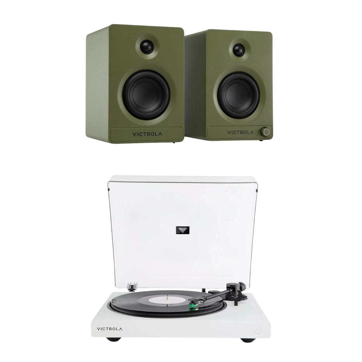 Victrola Tempo Active Bookshelf Speakers + Wave Bluetooth Turntable Set Turntable Bundles Victrola White Green 