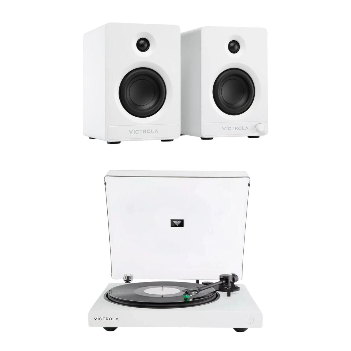 Victrola Tempo Active Bookshelf Speakers + Wave Bluetooth Turntable Set Turntable Bundles Victrola White White 