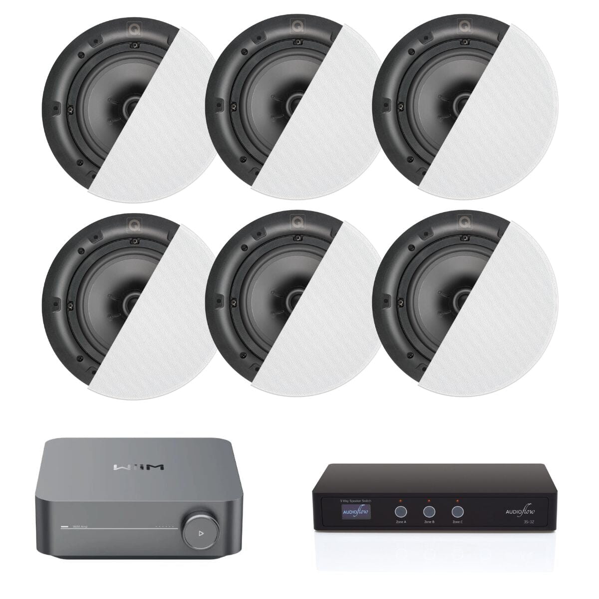 WiiM Amp Wi-Fi & Bluetooth Amplifier, Speaker Switch & 6 x Q Acoustics Qi65C 6.5" Ceiling Speakers - K&B Audio
