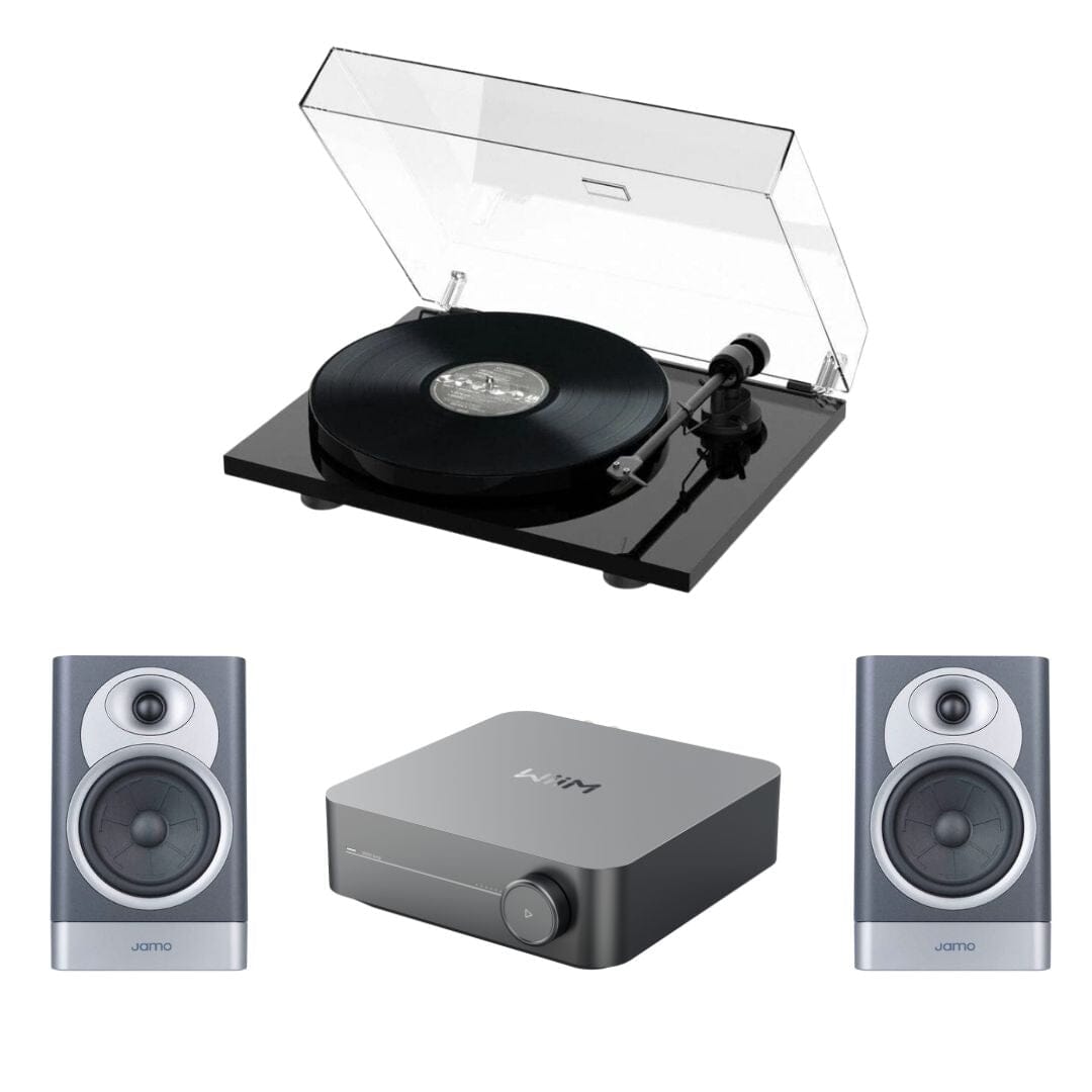 WiiM AMP Wi-Fi Amplifier + Pro-Ject E1-Phono + JAMO S7-15B Bookshelf Speakers - K&B Audio